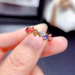 Cluster Rings 3mm Natural Multi-color Sapphire Silver Ring For Girl Genuine Simple 925 Jewellery