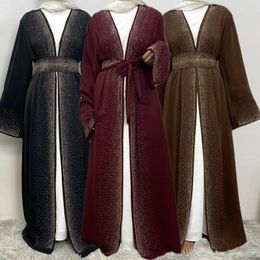 Ethnic Clothing Luxury Sparkle Open Abaya With Diamond Dubai Style Party Dress Turkey Muslim Islamic Kimono Sleeve Cardigan Outwear