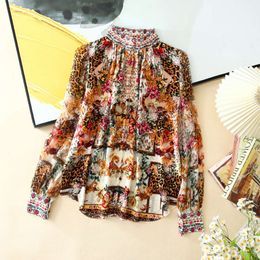 2024 Spring Summer Paisley Print Embroidery Beaded Silk Blouse Shirt Multicolor Long Sleeve Stand Collar Pullover Style Soie Top Shirts W4M1322