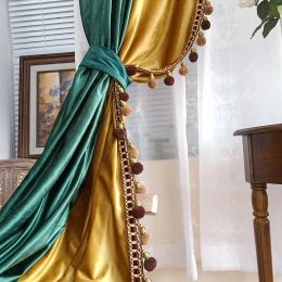 Curtains Luxury Americanstyle Retro Velvet Curtain for Living Room Bedroom Dark Green Gold Curtain Colour Splicing Flannel Curtain Custom