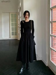 Basic Casual Dresses Vintage Knitting Maxi Wedding Dresses for Women Clothing O Neck Office Lady Casual Pockets Bodycon Midi Dress Winter 2023 BlackL2403