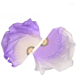 Stage Wear Hand Folding Fan Double-Side Women Real Silk Veil Half Circle Belly Dance Short Performance Show Props Big Size Violet 85cm