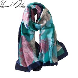 Visual Axles Digital Print Silk Scarf Women Luxury 100% Natural Silk Florals Wraps Shawls and Scarves 180cm 90cm Y201007233g