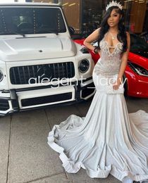 Silver Diamond Sparkly Mermaid Prom Formal Dresses for Black Girl 2024 Giller Crystal Hot Birthday Evening Gala Gown