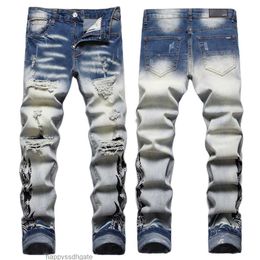 Mens Jeans European Jean Hombre Letter Star AM tiny spot Men Embroidery Patchwork Ripped Trend Brand Motorcycle Pant Mens Skinny AM3359# size 29-38
