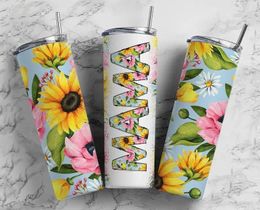 Water Bottles Floral Sunflowers Mama 20oz Sublimation Tumbler Mothers Day Straight Mom's Gift Vacuum Insulated Bottle With Straw
