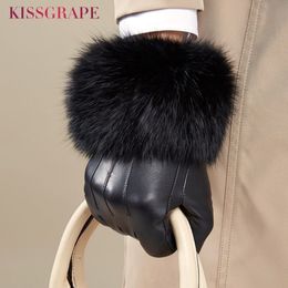 Luxury Quality Winter Women's Genuine Leather Gloves Female Warm Real Sheepskin Leather Gloves with Super Big Fur3533