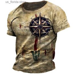 Men's T-Shirts New Vintage T -Shirt Mens Summer Short -Slved Navigation Compass 3d Print T -Shirt Fashion British Mens Clothing Strtwear Y240314