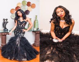2017 Newest Black Mermaid Prom Dresses Sweetheart Appliques Lace Tulle Floor Length Corset Lace Up Graduation Dresses Party Dresse2841426