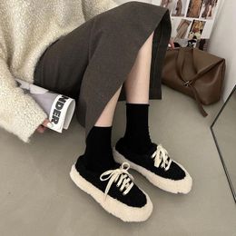 Casual Shoes Winter Women Loafers Plush Lace Up Flat Bow Woman Flats Warm Loafer Wool Fur Boat Zapatos Mujer