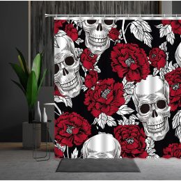 Curtains Skull Skeleton Bath Shower Curtains Halloween Horror Funny Black Background Bathroom Waterproof Polyester Screen Home Decoration