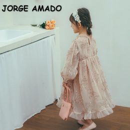 Spring Autumn Kids Girl Party Dress Long Sleeves Round Collar Loose Pink Sequin Fairy Princess Birthday Formal Dresses H60056 240311