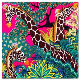 35 5In Jungle Giraffe Brand Scarf Women Bandana Handmade Curled Twill Silk Square Luxury Foulard Head Scarves Shawl 220107297J