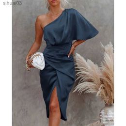 Basic Casual Dresses Women One Shoulder Batwing Sleeve Ruched Asymmetrical Satin Midi Bodycon DressesL2403