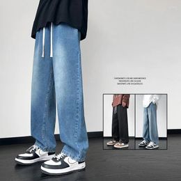 Men's Jeans Elastic Waist Wide Leg Baggy Korean Fashion Spring Autumn Retro Oversize Male Drawstring Design Pant Blue