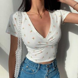 American style floral cross v-neck slim fit short style exposed navel short sleeve T-shirt womens top 2023 summer new fashion