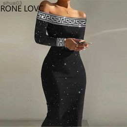 Basic Casual Dresses Women Elegant Glitter Geo Print Slash Neck Bodycon Long Sleeves Midi Black DressesL2403