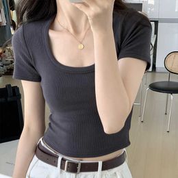 Pure desire spicy girl sexy U-neck short collarbone exposed navel temperament top tight elastic short sleeved t-shirt for women in summer 2024