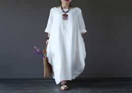 2018 Summer Plus Size Long Sleeve Dresses For Women 3xl 4xl 5xl Loose Cotton Linen Dress White Boho Shirt Dress Long Maxi Robe5117168