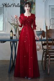 Pads Wine Red Evening Dresses with 3/4 Sleeves Appliques Aline Floorlength Women Formal Gowns for Wedding Long