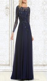 Top Selling Elegant Navy Blue Mother of The Bride Dresses Chiffon SeeThrough Long Sleeve Sheer Neck Appliques Sequins Evening Dre2673729