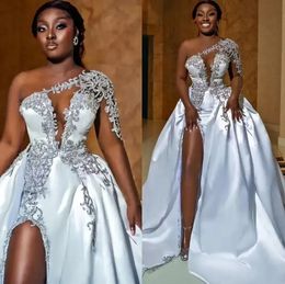 ASO EBI African Sexy High Split Wedding Dresses A Line One Shoulder Pärled Applices Keyhole Neck Slit Brudklänningar Plus Size Robes BC14877