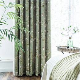 Curtains Pastoral Green Leaves Curtain Cotton Linen Embroidery Printed Birds Blackout Curtains For Living Room Kitchen Door Window Drapes