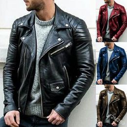 Mens PU Leather Jacket Stand Collar Punk Motorcycle Leather Jacket 240228