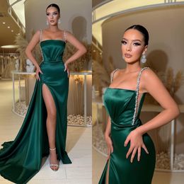 Emerald green mermaid Prom Dress beads straps evening dresses elegant pleats split backless Formal dresses for special occasions