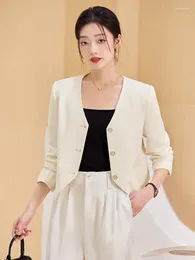 Women's Suits Women Black Stripes V-neck Long Sleeved Cropped Blazers Coat Spring Casual 2024 Fashion Chic Beige Slim Irregular Suit Tops