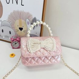 Pearl Kids Crossbody Bag Money Coin Purse Fashion Handbag Children Princess Shoulder Messenger Bowknot Pocket Girls 240306