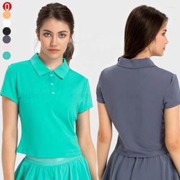 Active Shirts Logo Waist Length Fitted Silhouette Prestige Polo Women Elastic Hem Button-up With Cool Collar Yoga Running Short Sleeve Shirt