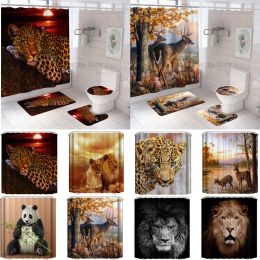 Curtains 3D African Leopard Lion Tiger Shower Curtain Set Wild Animal Waterproof Bath Curtain Toilet Lid Cover Nonslip Carpet Home Decor