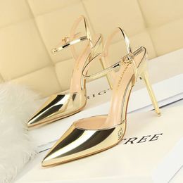 Women Pumps Slingback Shiny Metallic Gold Silver High Heels Dress Stiletto Sandals Pointed-toe Silk Woman Shoes Stylish Elegant 240313