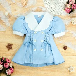 Girl Dresses Kids For Girls 1 To 5 Years 2024 Summer Puffy Sleeve Bandage Drawstring Blue Dress Children Clothing Blazer