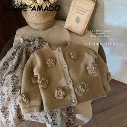 Korean Style Spring Autumn Childrens Girls Set Baby Fashionable 3D Flower Knitted Appliques CardiganFloral Dress H0703 240301