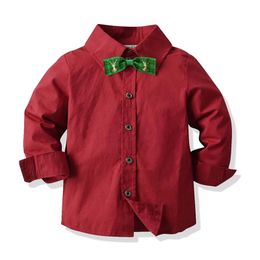 Baby Boys Shirts Childrens Long Sleeve Formal Red Shirt Gentleman Tops With Bowtie Toddler Blouse 240311