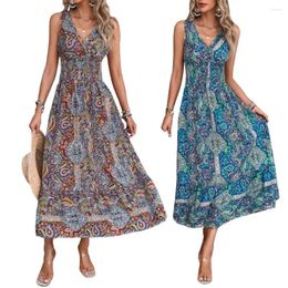 Casual Dresses Elegant Summer Dress Bohemian V Neck Midi For Women Colorful Print Vacation Beach With Tight Elastic Waist Off