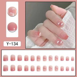 False Nails 24pcs Mini Nail Blusher Pink Cloud Print With Glitter For Daily Students Decoration