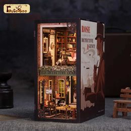 3D Puzzles CUTEBEE Detective Book Nook 3D Puzzle Kit with Touch Light Dust Cover Bookshelf Insert Model Toy Gift Idea Rose Detective Agency 240314