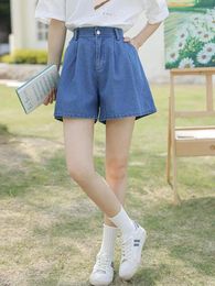 Women's Shorts Women Blue Denim Wide Leg Korean Preppy Style Casual Spring Summer High Waist Fashion Button Pleated Jean Chic