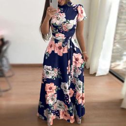 Casual Dresses Soft Fabric Dress Floral Print Maxi With Mock Collar Belted Waist Women's A-line Swing For Summer Spring