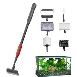 Tools Fish Tank Cleaning Tools 6 In 1 Aquarium Clean Set Long Handle Gravel Rake Fish Net Sponge Pad Cleaning Brush Reusable Deep