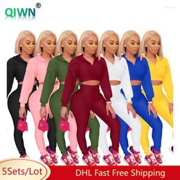 Women's Two Piece Pants 5Sets Bulk Wholesale Tracksuit Women Solid Long Sleeve Turndown Collar Crop Tops Leggings 2 Set Casual Activewear