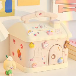 Boxes Ins Kawaii House Piggy Bank with Cute 3D Sticker Saveing Money Box Coin Storage Organizer with Key Girl Boy Kids Birthday Gift