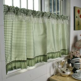 Curtains green white Chequered short finished curtain no rod bay window lace half curtain bedroom partition curtain semi shading cloth