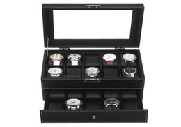 Mens Lockable Watch Box Luxury Leather Organizer Storage Display Case Glass Top4756874