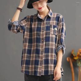 Women's Blouses Cotton Yarn Plaid Blouse Women Autumn Spring Japan Style Casual Long Sleeve Turndown Collar Soft Chequered Shirts Tops