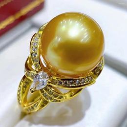 Cluster Rings Gorgeous HUGE 11-12MM 12-13MM 13-14MM ROUND Gold Pearl Ring S925 Silver Seawater Nanyang