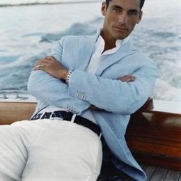Men's Suits Linen Beach Wedding Groom Tuxedos Light Blue Casual For Prom Dinner Male Groomsman Blazer 2 Piece Jacket Pants